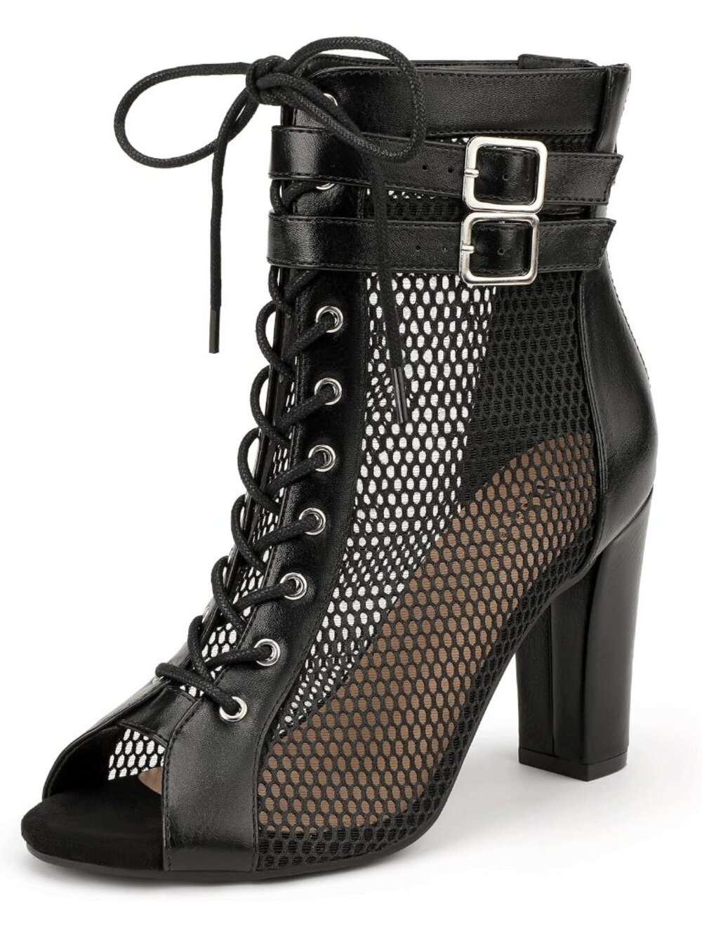 Women's Black Pu Mesh High Heels Block Chunky Heels Open Toe Lace Up Booties